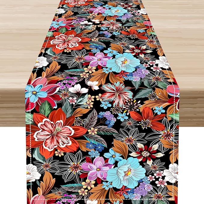 Floral Table Runner, Vintage Colorful Flower Bohemian Floral Print Table Center Decor for Family Kitchen Table Decorations Indoor Outdoor 13x90 inch