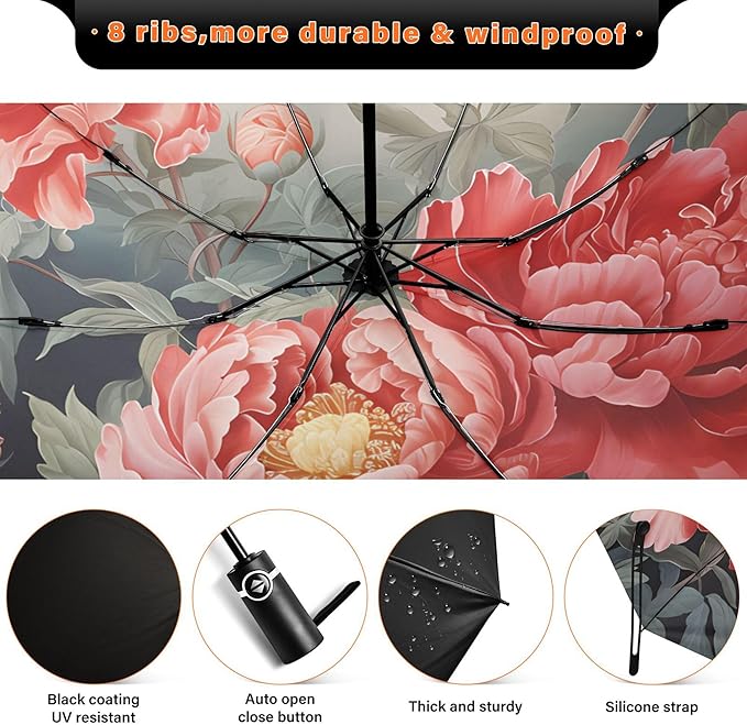 Automatic Folding Umbrella Windproof Strong, UV Protection Compact Floral Hydrangea Hummingbird Sun Rain Sun Rain Travel Umbrellas for Women Men