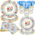 140Pcs Tea Party Decorations Tableware Set Floral Plates and Napkins for Birthday Party, Baby Showers, Bridal Showers, Wedding Bachelorette Party Supplies Floral Tea Party Plates, Serves 20 (Blue)