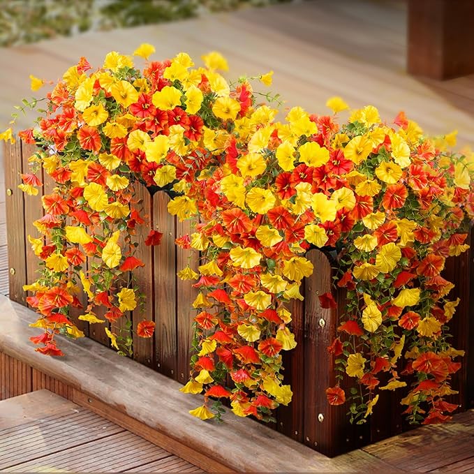 Artificial Flowers for Outdoors Fall Hanging, 4-pack Artificial Morning Glory includes 180 Flowers, Uv-Resistant Faux Silk Fake Realistic Plants for Home Garden Porch Patio Balcony Planter Yard
