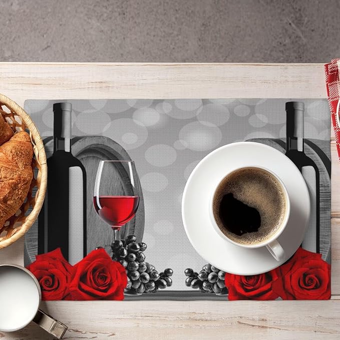 Wine Linen Table Placemats Set of 6 Red Rose Wine Barrel Print Placemat Indoor Outdoor Party Home Desktop Kitchen Dining Room Decoration 12x18 Inch