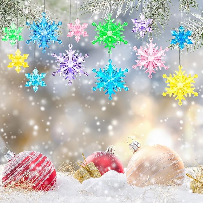 60Pcs Christmas Acrylic Snowflake, Ornaments Winter 3D Translucent Snowflake Hanging Ornaments for Tree Crystal Pendants with Rope for Holiday Party DIY Decor (Multicolor)