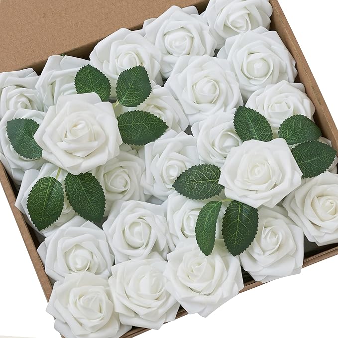 Artificial Flowers, Artificial Rose 50pcs for DIY Wedding Bouquets Centerpieces Arrangements, White Foam Rose with Stem for Bridal Shower Party Home Decorations