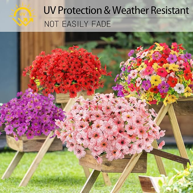 MACTING Artificial Flowers for Outdoors Fake Spring Flowers UV Resistant No Fade Plastic Faux Flowers for Hanging Planters Garden Patio Porch Window Home Indoor Outside Summer Decorations (Purple)