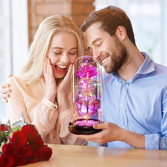 Christmas Rose Gifts for Women Birthday Gift Rechargeable Galaxy Glass Rose Light Up Roses In Glass Dome Forever Crystal Flowers Butterfly Xmas Gifts for Women Wife Grandma Her Sister Friends Pink