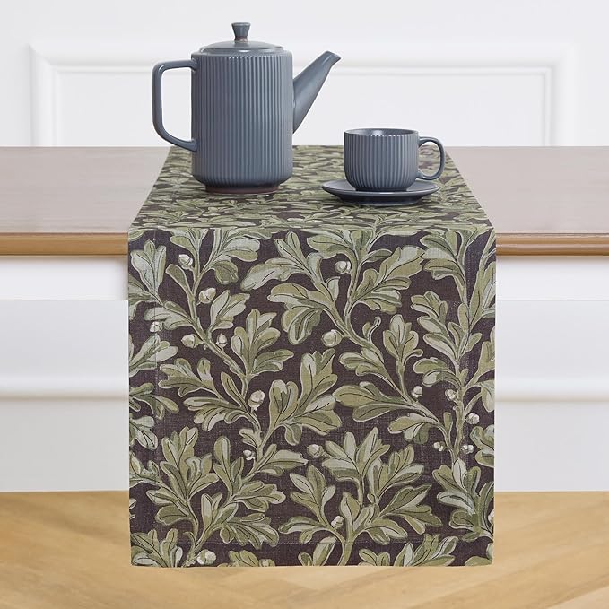 Solino Home 100% Pure Linen Table Runner 108 Inches Long - Floral Print Green and Brown Table Runner 14 x 108 Inch - Handcrafted and Machine Washable - Fallen Leaves Print