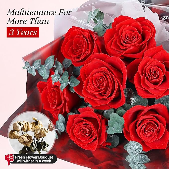 Preserved Flowers Bouquet 7 Roses - Red Real Rose & Flowers for Delivery, Long-Lasting Flower with Gift Box, Eternal Roses Bouquet for Mothers, Mom, Wife, Anniversary Birthday Gifts for Women