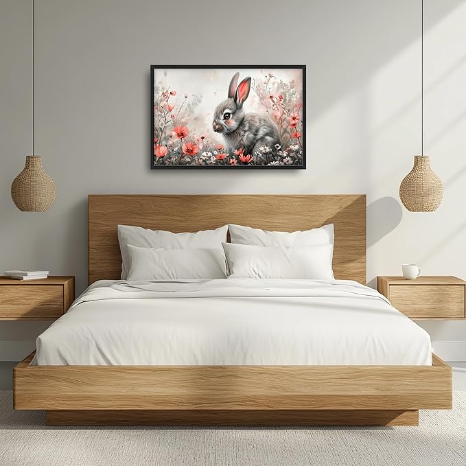Framed Large Pictures Wall Art for Living Room, Rabbit Bunny Oversized Wall Decor Animal Floral Canvas Print Painting Modern Extra Large Framed Artwork for Bedroom Office 36"x24"