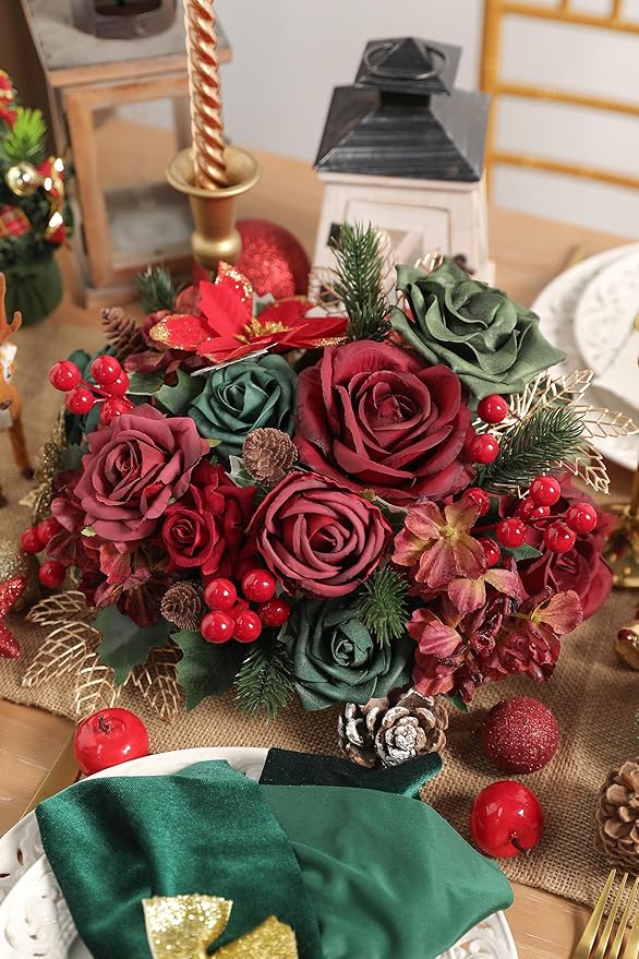 Artificial Christmas Flowers Mix Silk Flowers Fake Roses with Stems for DIY Bridal Bouquets Faux Flowers Centerpieces for Table Home Christmas Decorations