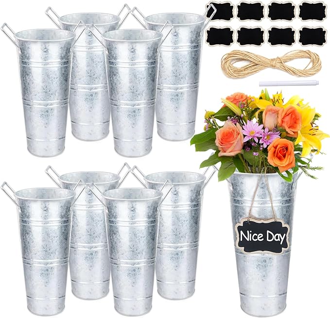 8 Set Galvanized Flower Buckets, 10 Inch Metal Vases for Flowers Rustic Flower Bucket Farmhouse Flower Bucket Vases with Small Chalkboard Label Flower Bar Supplies Rustic Vases for Home Garden Wedding