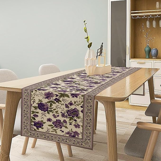 Vintage Floral Table Runner, Elegant Purple Flowers Retro Design Table Runner for Kitchen Dining Holiday Party Decoration, 13x70 Inch