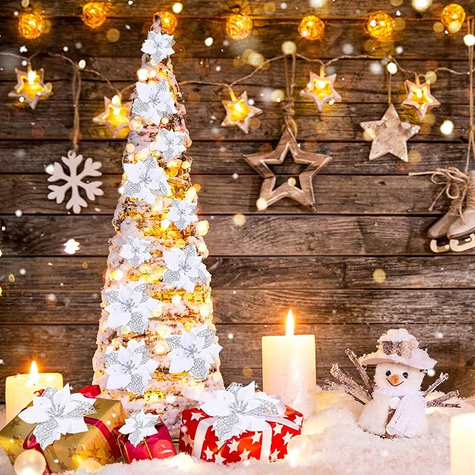 WILLBOND 36 Pieces White Christmas Poinsettia Glitter Faux Flowers Artificial Flowers Tree Ornaments Topper Xmas Decorations