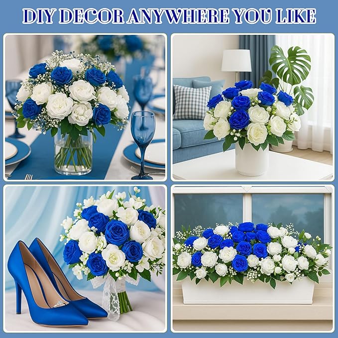 Geosar 8 Bundles Artificial Peonies Flowers Fake Silk Peony Bouquet Faux Peonies Flowers Bulk for Decoration Vase Floral Arrangements Wedding Party Table (Royal Blue,White)