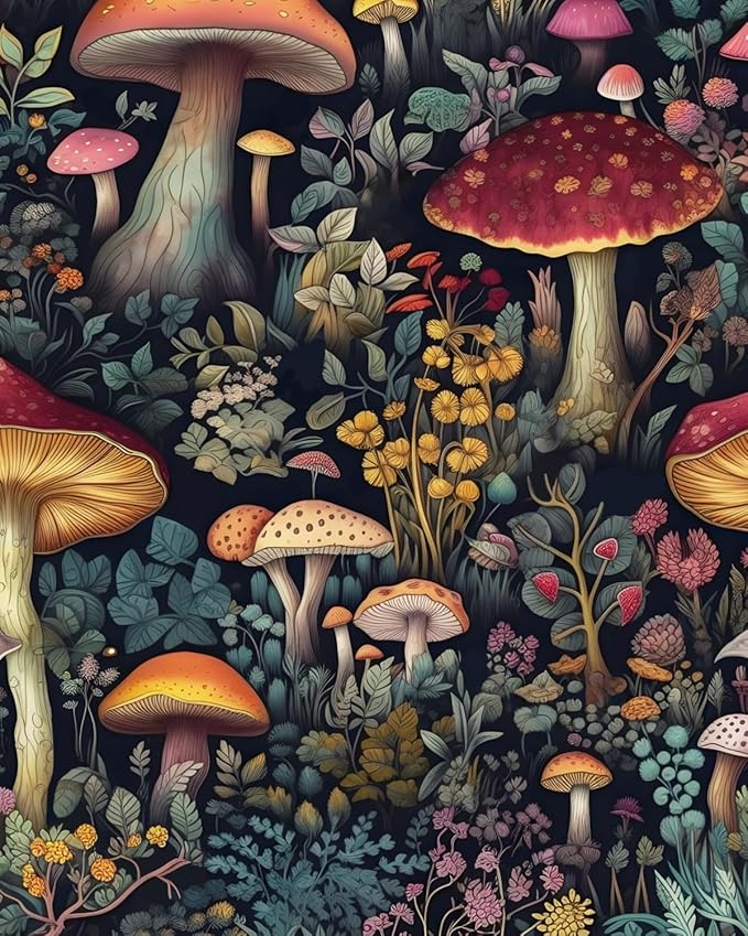 Mushroom Wallpaper Peel and Stick Floral Contact Paper Vintage Wall Paper for Chest of Drawers TV Stand Bookcase Removable Waterproof Dark Black 17.5 x 78.5In