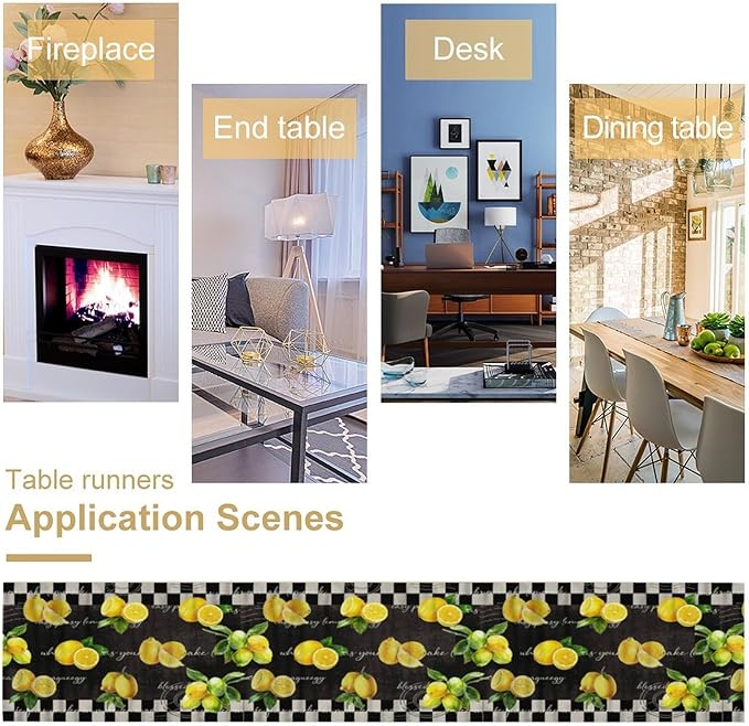 Lemon Table Runner , Summer Yellow Fruits Green Leaves Kitchen Dinning Table Decoration for Indoor Outdoor Home Party Decor 13x108 Inch