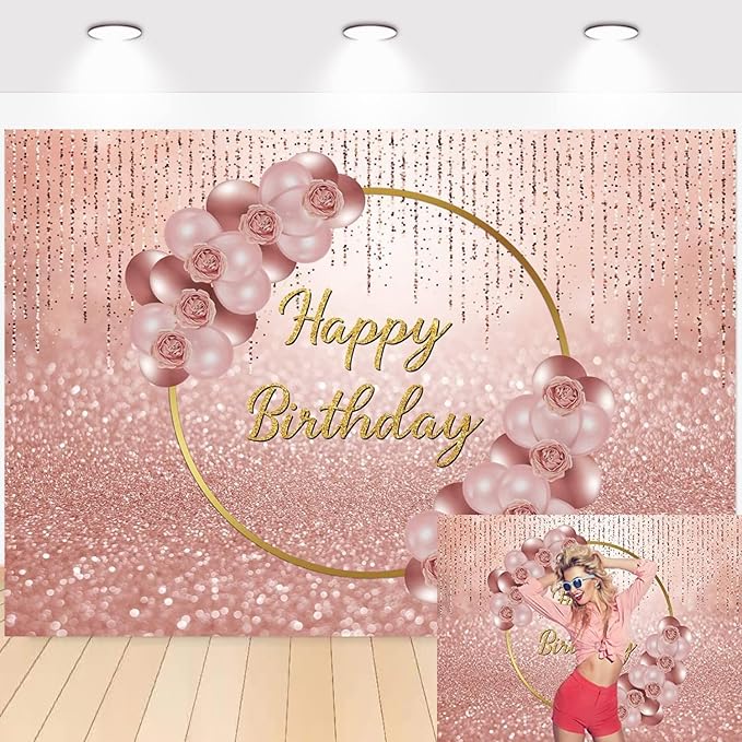 Pink Rose Gold Happy Birthday Backdrop Glitter Rose Gold Floral Balloon Bokeh Photography Background Girls Lady Sweet 16th 21th 30th Birthday Party Cake Table Photo Props 8x6FT