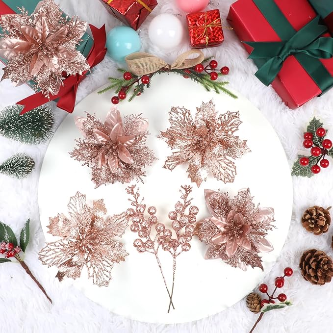 22 Pcs Rose Gold Christmas Poinsettia Artificial Flowers and Glitter Berries Stems Kit, Christmas Poinsettias Decorations and Christmas Tree Ornaments for Xmas Home Wedding Holiday Tree Decor