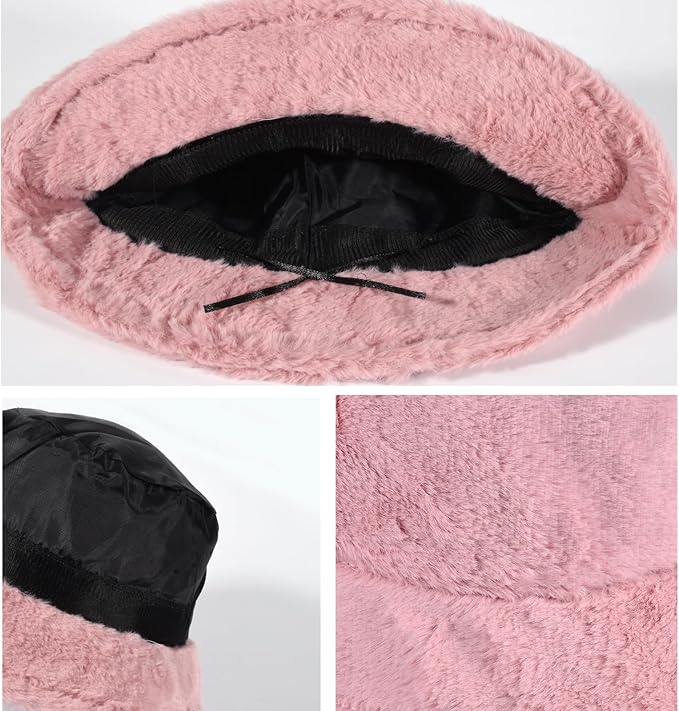 Winter Soft Faux Fur Plush Bucket Hat, Lovely Fisherman Cap, Fashion Outdoor Thick Warm Sun Cap for Women