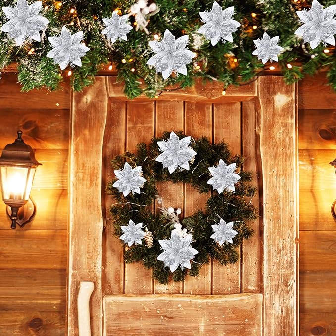 36 Pcs Christmas Glitter Artificial Poinsettia Flowers Xmas Poinsettia Artificial Wedding Flowers Decorations Xmas Tree Ornaments with Clips for Party, 6 Inch, 4 Inch, 3 Inch(Silver)