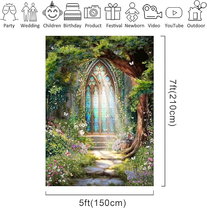 Riyidecor Fairy Forest Backdrop Polyester Fabric Green Enchanted Garden Wonderland Butterfly Flower Magic Stained Glass 5Wx7H Feet Photography Background Birthday Baby Shower Photo Studio Shoot