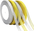 DECYOOL 4 Rolls 100 Yards Christmas Ribbons 10mm Wide Holiday Metallic Glitter Ribbons for Gift Wrapping and DIY Craft, Gold & Silver