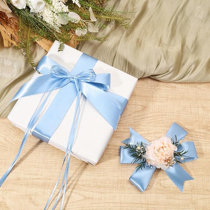 LaRibbons Light Blue Satin Ribbon 1 1/2 Inch 25 Yards Luxury Double Faced Blue Silk Ribbon for Flower Bouquet Crafts Gift Wrapping Wedding Party Babyshower Decoration