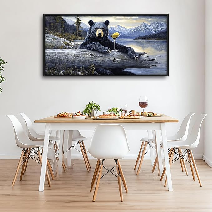 Forest Bear Large Decor Framed Wall Art Mountain Lake Cabin Pictures for Living Room, Black Bear Oversized Canvas Print Painting Modern Extra Large Framed Artwork for Bedroom Office 60"x30"