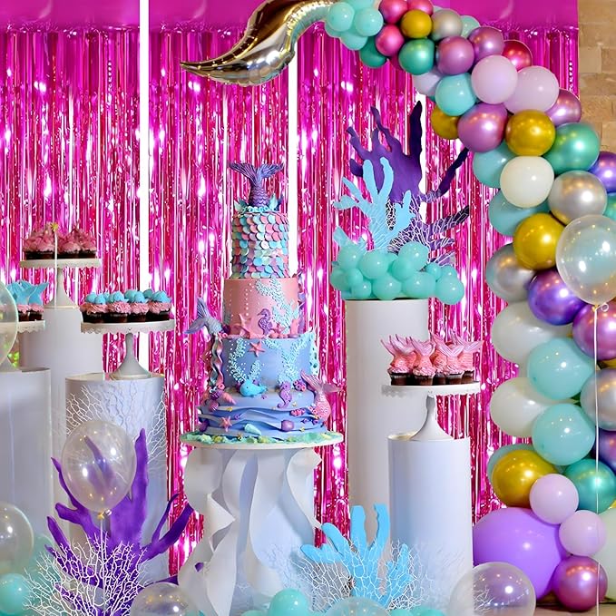 Keyali 4 Pack 3.3 * 8.3 ft Foil Curtain Metallic Tinsel Fringe Curtains Photo Booth Props Backdrop for Birthday Wedding Engagement Baby Shower Christmas Holiday Celebration Partyl,Hot Pink