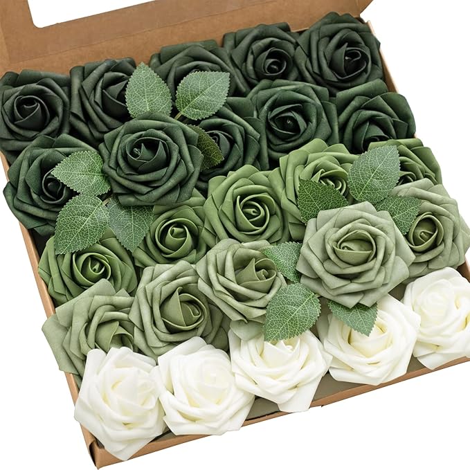 Ling's moment Artificial Flowers, 50Pcs 3" Roses in Emerald Green Shades, Realistic DIY Foam Floral Fill for Wedding Bouquets/Centerpieces, Outdoor Party Backdrops, Room/Table, Garden/Pot Decorations