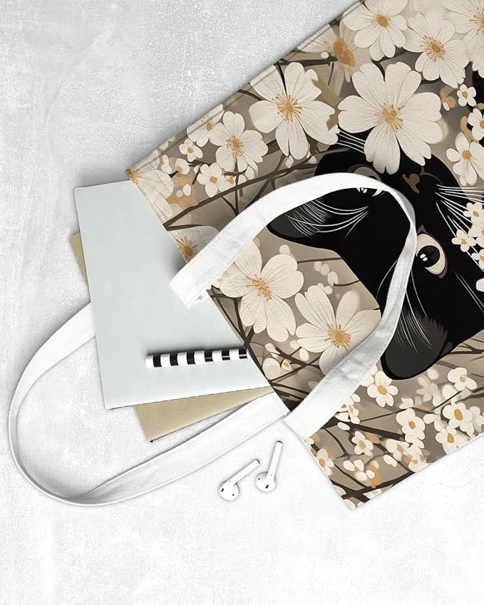 Floral Cat Print Canvas Tote Bag for Women Cat Lovers Kitten in White Flowers Reusable Grocery Shoulder Bag for Shopping Work Beach Travel Aesthetic Totes Gifts