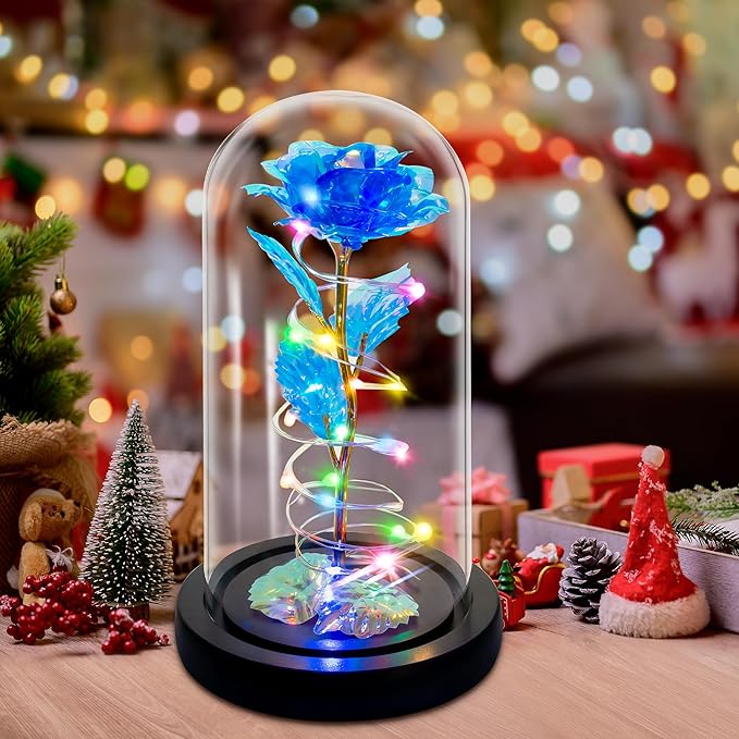 Childom Christmas Rose Gifts for Women,Birthday Gifts for Women Mom Christmas,Flowers for Delivery Prime,Blue Light Up Rose in A Glass Dome,Anniversary Flowers Gift for Her Grandma Valentines Day
