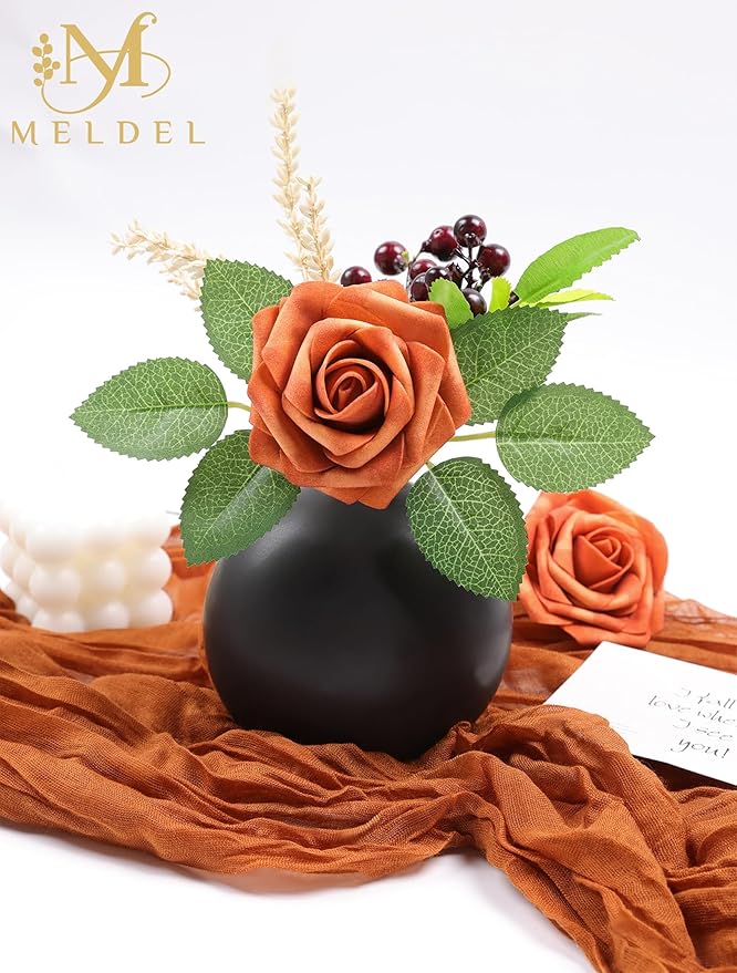 Meldel Artificial Flowers 50pcs Real Looking Burnt Orange Foam Fake Roses with Stems for DIY Wedding Bouquets Bridal Shower Centerpieces Floral Arrangements Home Decorations Crafts