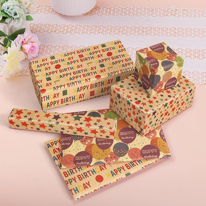 SHUCHING Birthday Gift Kraft Wrapping Paper Roll, Balloons Stars Pattern for Kids Girl Boy, Perfect for Birthday Party, Baby Shower, 3 Rolls, 17 Inch X 9.8 Feet per Roll