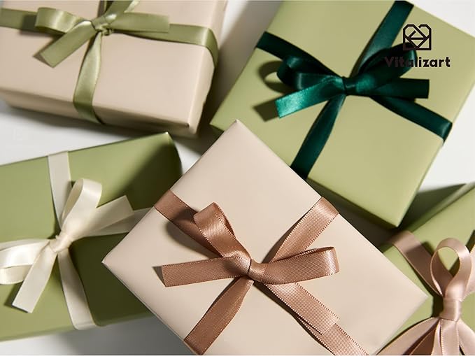 Vitalizart Ribbons for Crafts 3/8" x 50 Yd Satin Ribbon Double Face Gift Wrapping Silk Like Fabric Flower Bouquet Birthday Party Decorations Bridal Shower Wreath Hair Continuous Green Cream Nude