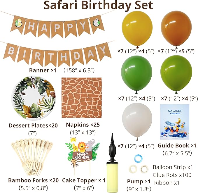 127 PCS Safari Birthday Decorations – Includes Safari Balloon Arch Kit, Pump, Cake Topper, Plates, Napkins, Bamboo Forks, and Banner – Animal Birthday Party Decorations for Boys, Girls, Serves 20