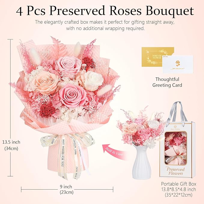 Preserved Flowers Bouquet 4 Roses - Pink Roses & Flowers for Delivery, Long-Lasting Real Roses Forever, Eternal Roses Bouquet for Mothers, Mom, Wife Anniversary Birthday Gifts for Women