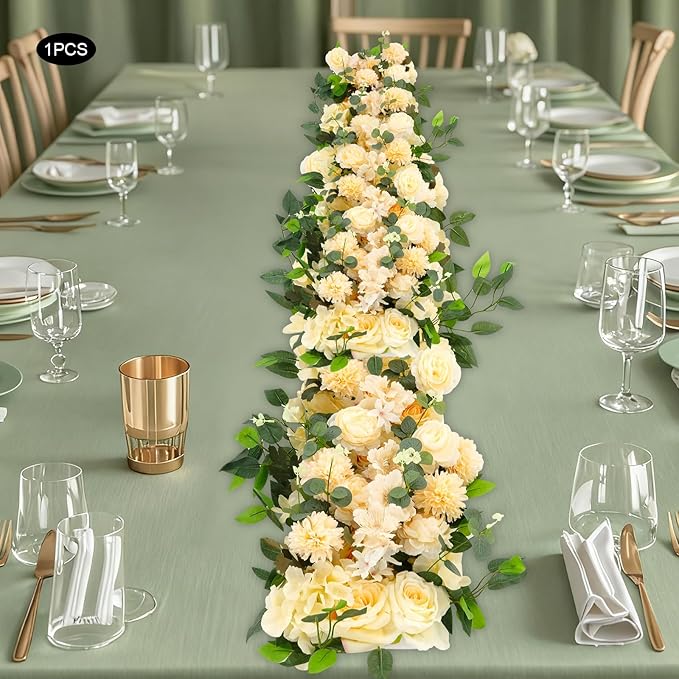 Eapmic Artificial Flower Row, 39.37in Peony Hydrangea Floral Arrangement, Faux Flower Panel Table Centerpiece for Wedding Arch Wall Backdrop Ceremony Reception Home Party Decoration (Champagne)
