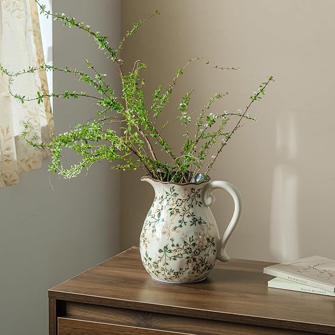 Green and White Vintage Vase with Handle, Chinoiserie Floral Pitcher Vase, Rustic Ceramic Farmhouse Vases for Home Decor, Living Room, Bookshelf, Office, Grand Millennial Decors, Tuscan Decor 7.9 Inch