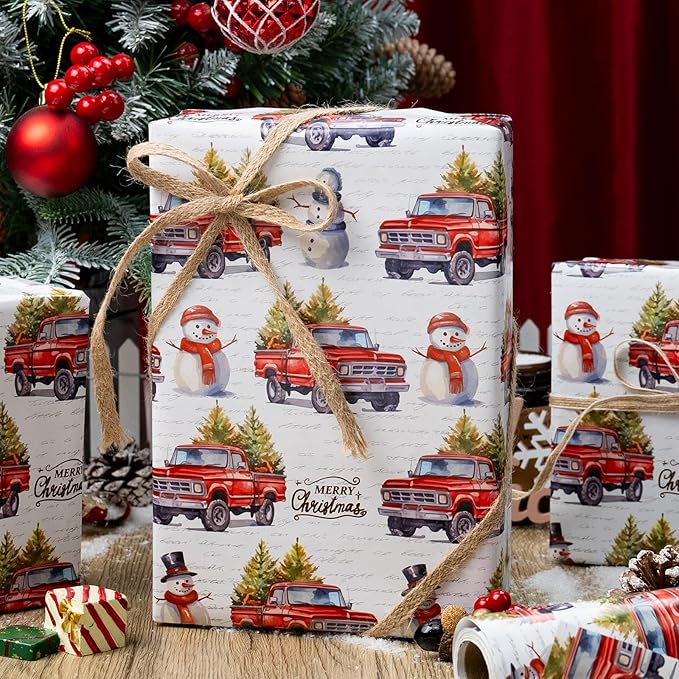 MAYPLUSS Christmas Wrapping Paper Roll - 17 In x 33 Feet - Cute Watercolor Christmas Tree Truck Snowman Gift Wrap Paper for New Year, Holiday, Kids