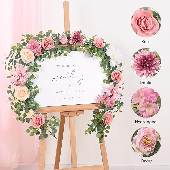 Waipfaru 8.85Ft Flower Garland, Eucalyptus Greenery Garland with Flowers, Pink Rose Floral Vines for Wedding Reception Table Mantle Room Spring Summer Decor (Pink)