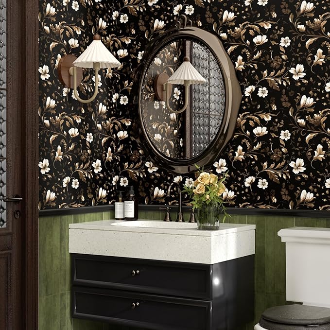 Vintage Wallpaper Peel and Stick Black Floral Wallpaper Black White Wall Paper Vintage Leaf Contact Paper Waterproof Self-Adhesive Wall Covering for Bedroom Countertop Desk Cabinet 17.4" x 393"