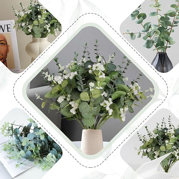 Artificial Eucalyptus Leaves Stems 120 Pcs 4 Kinds Mixed Fake Silver Dollar Eucalyptus Leaves Stem with Babysbreath Bulk Faux Leaf for DIY Bouquets Floral Arrangement Wedding Home Decor