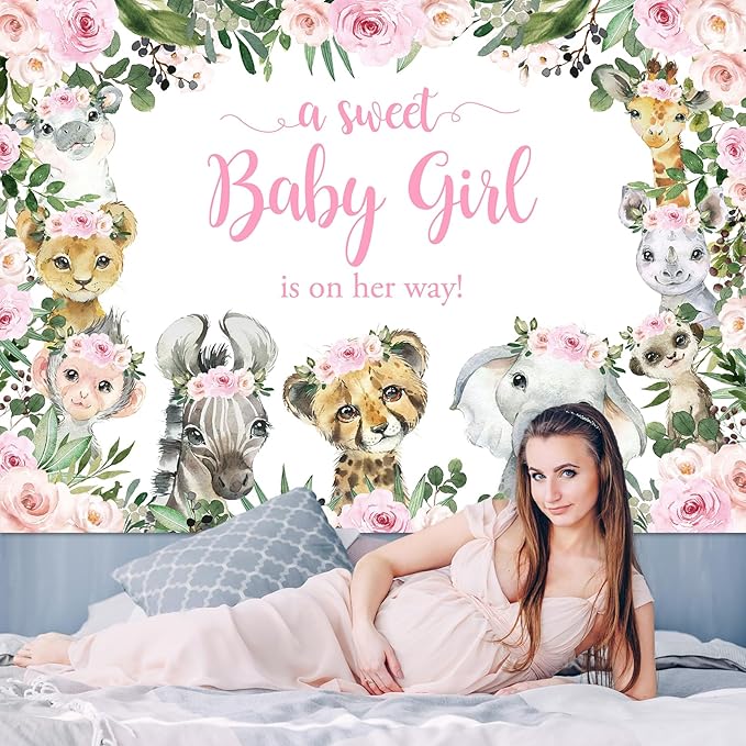 Mocsicka Girl Safari Baby Shower Backdrop Jungle Animals Sweet Baby Girl Background Pink Floral Greenery Baby Shower Party Cake Table Decoration Photo Booth Props (7x5ft)
