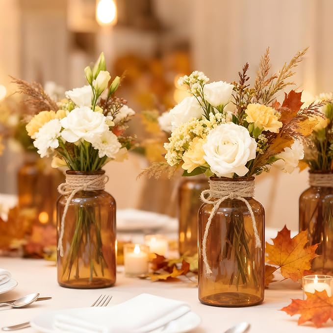 Vintage Glass Flower Vase，6 Pack Farmhouse Amber Gold Glass Centerpiece Vases Mason Jars for Christmas Weddings, Parties & Home Decor Bulk (6, Amber)