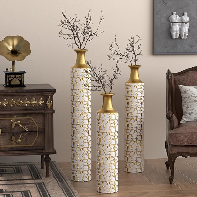 Tall Floor Vase Set of 3 - Oversized Modern Vintage Metal Vases for Living Room Decor, Gold Decorative Large Vases for Corner and Hallway
