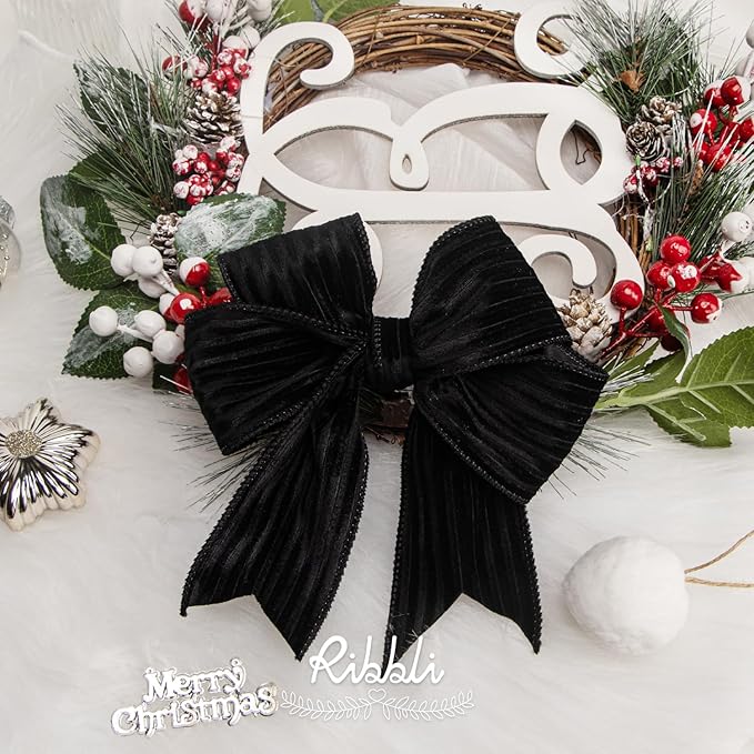 Ribbli Glossy Black Velvet Wired Ribbon 2.5 Inch Striped Velvet Christmas Ribbon for Gift Wrapping Christmas Tree Decoration Crafts Wreaths Supplies-Continuous 10 Yards