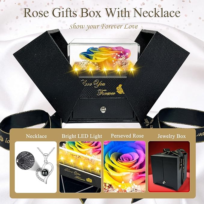 Preserved Real Rose-Eternal Flowers Rose Mothers Day for Mom Women Her Wife Girlfriend on Birthday Valentines with I Love You Necklace 100 Languages Romantic Gift (Color)