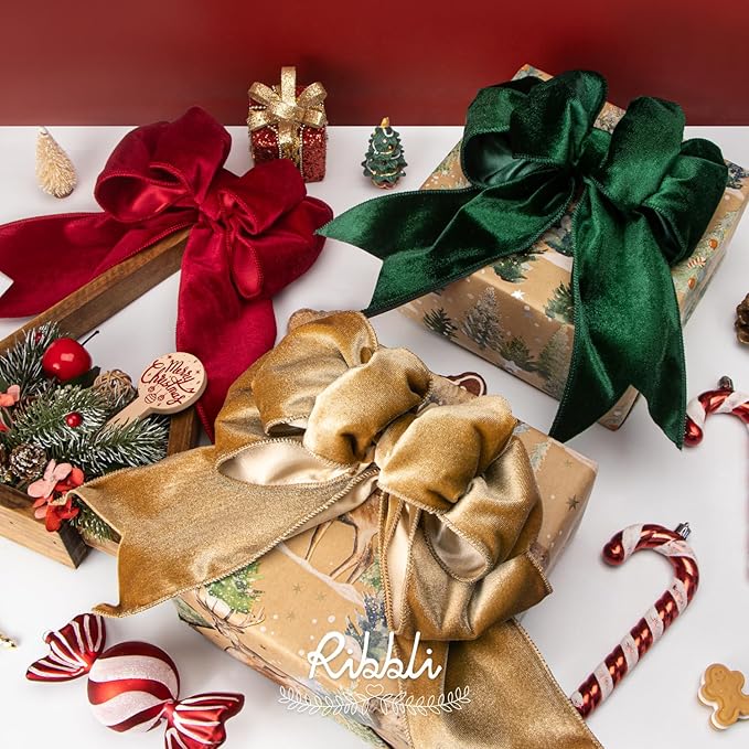 Ribbli Champagne Velvet Wired Ribbon 4 Inch Velvet with Satin Christmas Ribbon for Gift Wrapping Christmas Tree Decoration Crafts Wreaths Supplies-Continuous 10 Yards