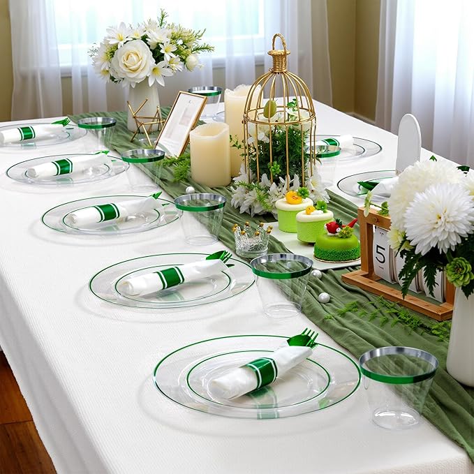 SUT 350 Pcs Green and Clear Plastic Dinnerware Set for 50 Guests, Include: 50 Dinner Plates, 50 Dessert Plates, 50 Pre Rolled Napkins With Silverware, 50 Cups, Disposable Plates for Party, Christmas
