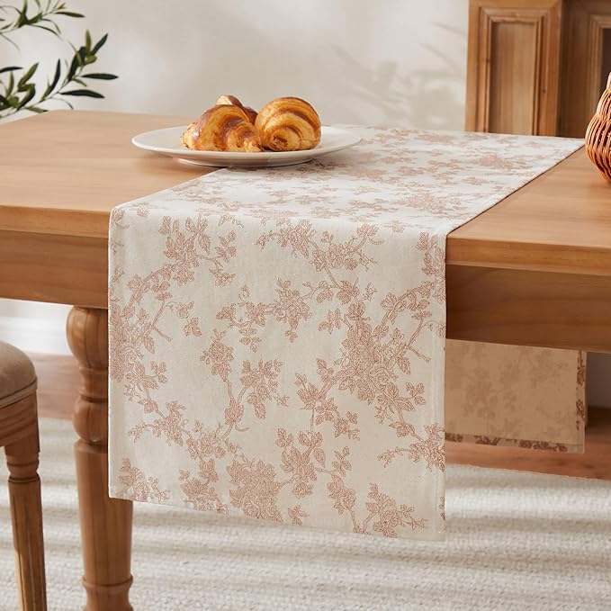 100% Cotton French Pastoral Table Runners, 13x48 Inch Taupe Farmhouse Table Runners 48 Inches Long, Vintage Flowers Print Home Decors